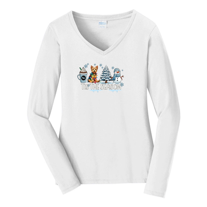 Australian Terrier Tis The Season Winter Port & Company® Ladies Long Sleeve Fan Favorite™ V-Neck Tee LPC450VLS