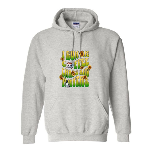 Light gray hooded sweatshirt with text 'I RUN ON COFFEE CHAOS AND Akitas' featuring colorful graphics.