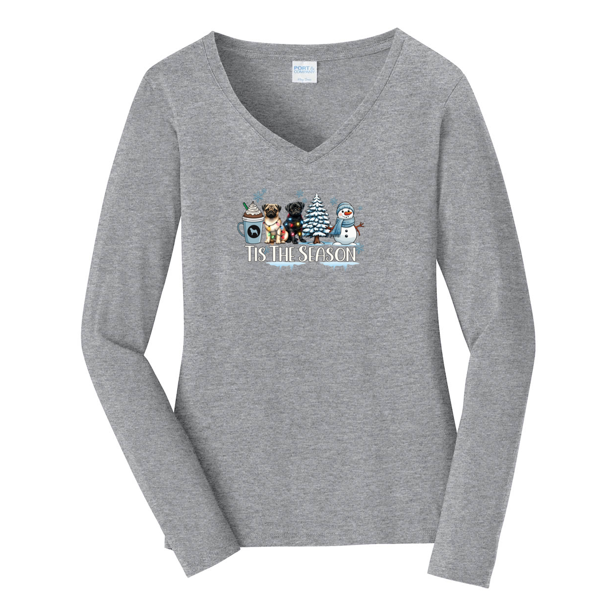 Pug Tis The Season Winter Ladies Long Sleeve Fan Favorite™ V-Neck Tee