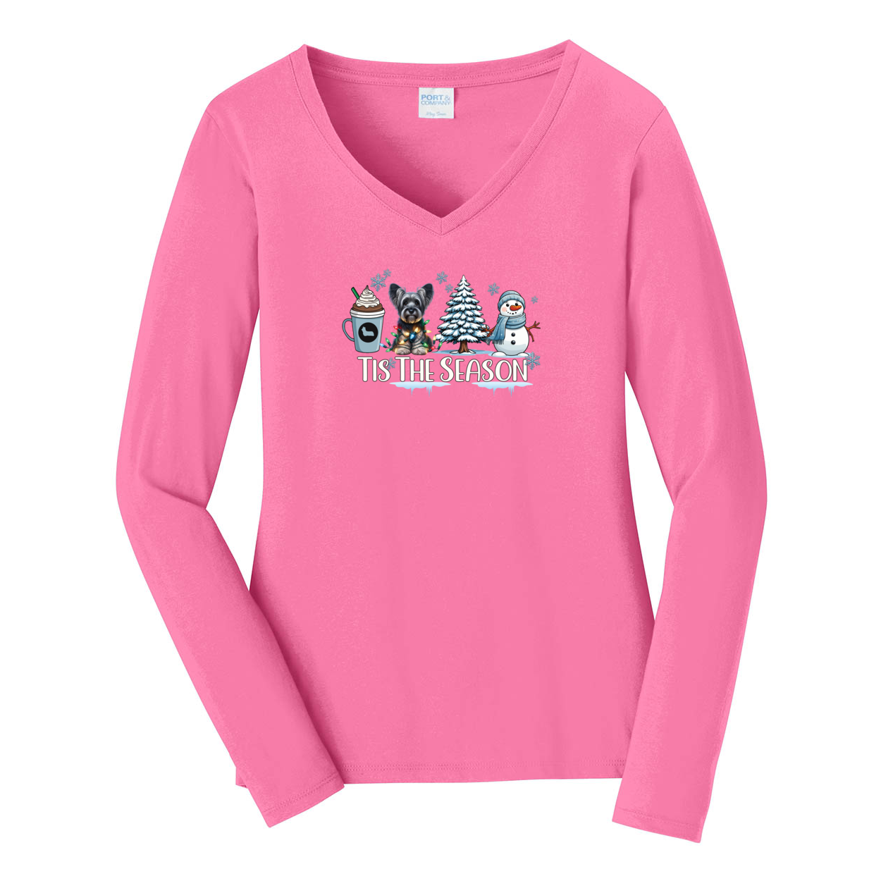 Skye Terrier Tis The Season Winter Port & Company® Ladies Long Sleeve Fan Favorite™ V-Neck Tee LPC450VLS