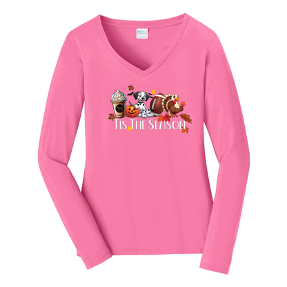 Dalmatian Tis The Season Fall Port & Company® Ladies Long Sleeve Fan Favorite™ V-Neck Tee LPC450VLS