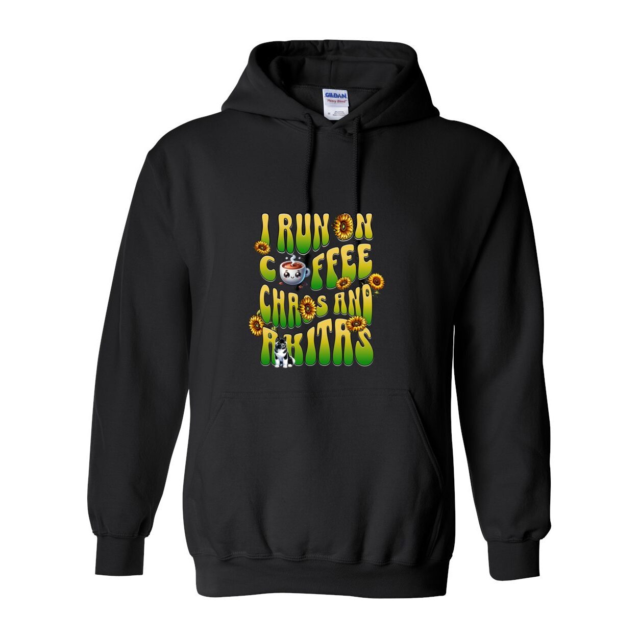 Black hooded hooded sweatshirt with text 'I RUN ON COFFEE CHAOS AND Akitas' featuring colorful graphics.