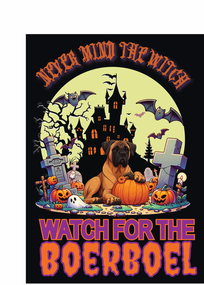 Halloween garden flag featuring a Boerboel dog, pumpkin, and spooky elements. Ideal for dog lovers and festive decoration.