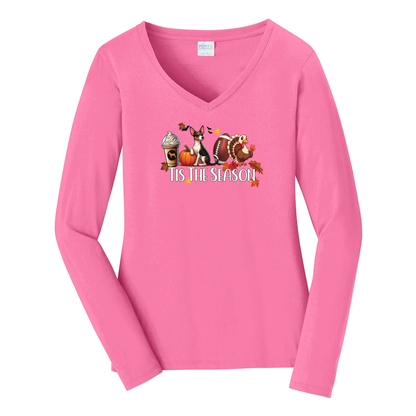 Rat Terrier Tis The Season Fall Port & Company® Ladies Long Sleeve Fan Favorite™ V-Neck Tee LPC450VLS