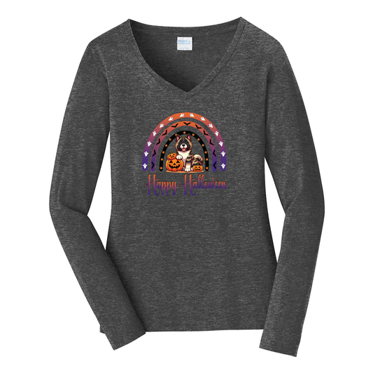 Akita Halloween Ladies Long Sleeve V-Neck Tee