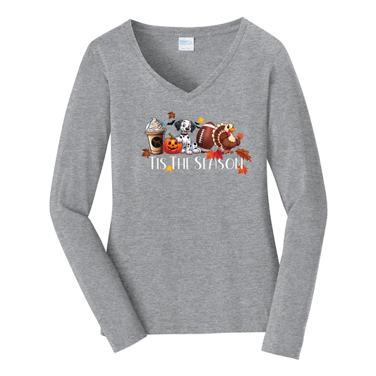 Dalmatian Tis The Season Fall Port & Company® Ladies Long Sleeve Fan Favorite™ V-Neck Tee LPC450VLS