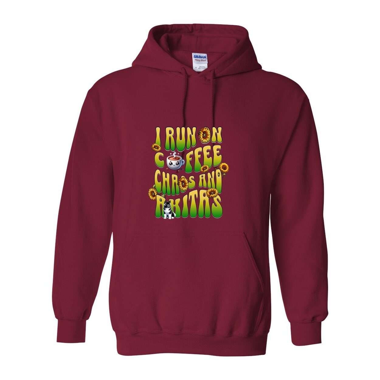 Burgundy hooded sweatshirt with text 'I RUN ON COFFEE CHAOS AND Akitas' featuring colorful graphics.