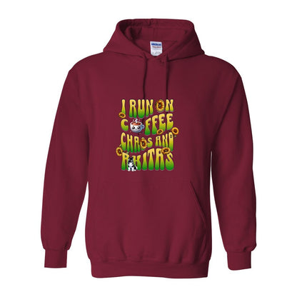 Burgundy hooded sweatshirt with text 'I RUN ON COFFEE CHAOS AND Akitas' featuring colorful graphics.