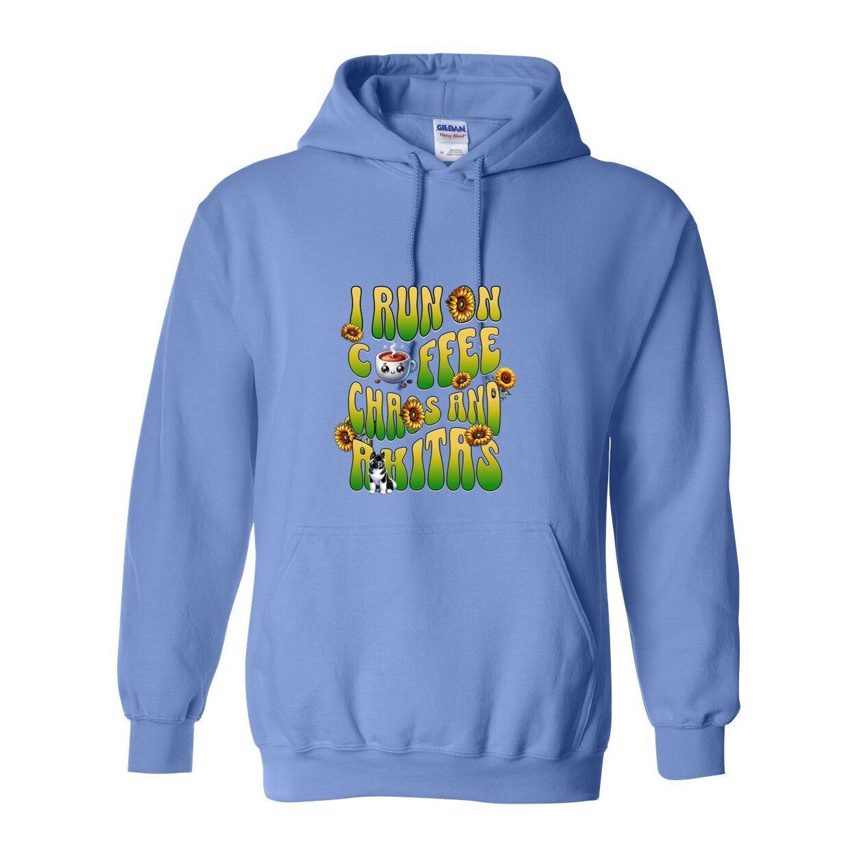 Light blue hooded sweatshirt with text 'I RUN ON COFFEE CHAOS AND Akitas' featuring colorful graphics.