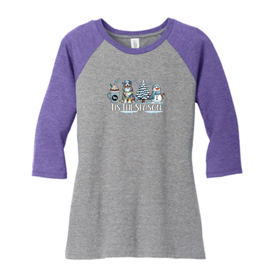 Blue Merle Australian Shepherd Winter Tis The Season 3/4-Sleeve Raglan