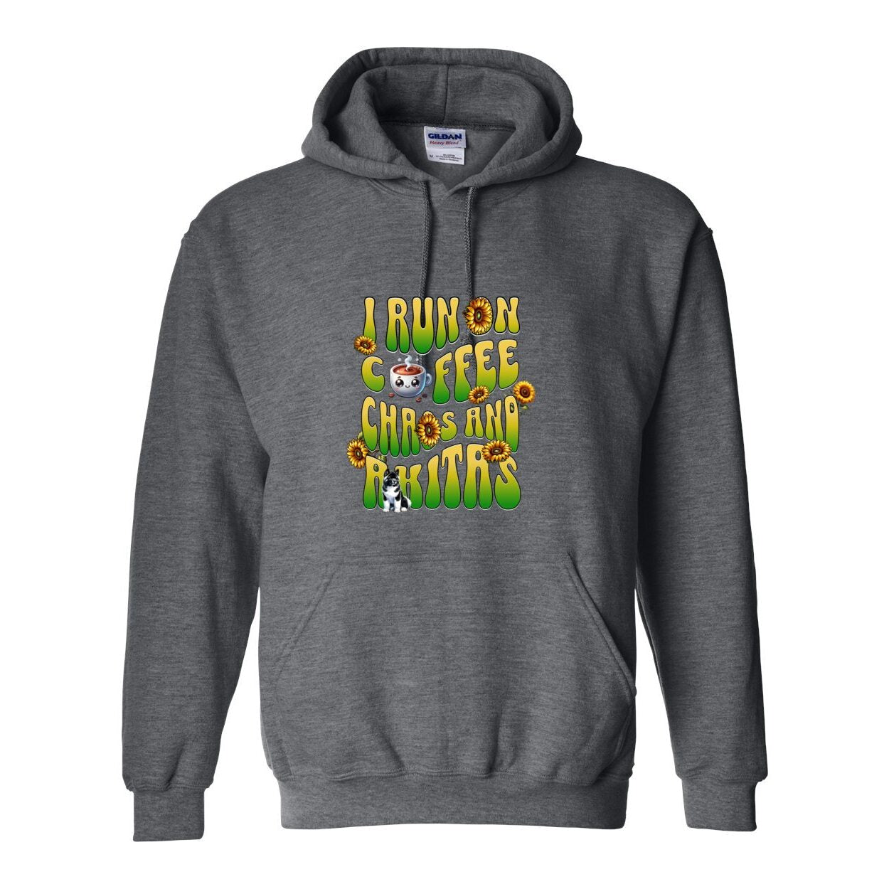 Grey hooded sweatshirt with text 'I RUN ON COFFEE CHAOS AND Akitas' featuring colorful graphics.