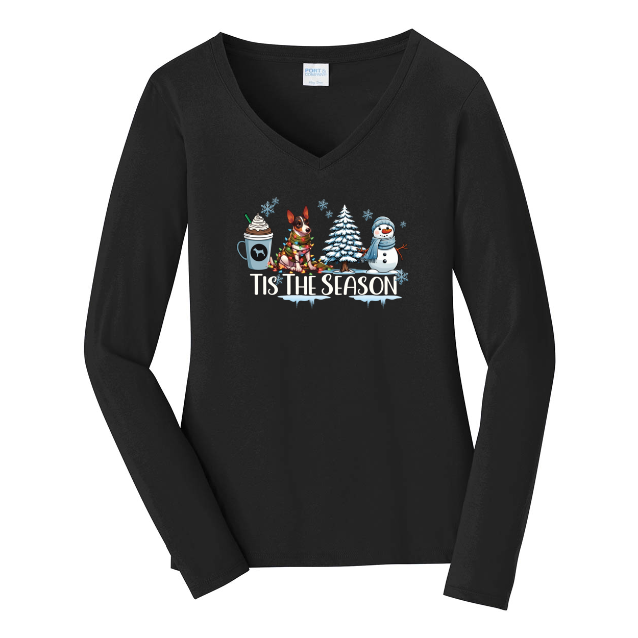 Rat Terrier Tis The Season Winter Port & Company® Ladies Long Sleeve Fan Favorite™ V-Neck Tee LPC450VLS