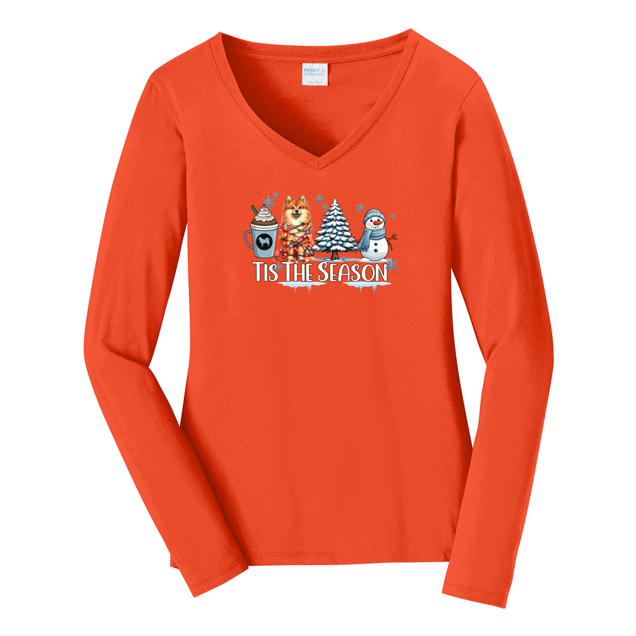 Finnish Spitz Tis The Season Winter Port & Company® Ladies Long Sleeve Fan Favorite™ V-Neck Tee LPC450VLS