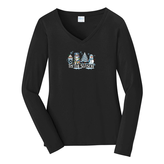 Blue Merle Australian Shepherd Tis The Season Winter V-Neck Long Sleeve