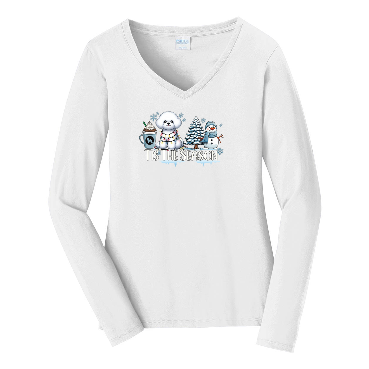 Bichon Frisé Tis The Season Winter Port & Company® Ladies Long Sleeve Fan Favorite™ V-Neck Tee LPC450VLS