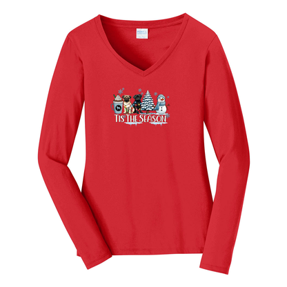 Pug Tis The Season Winter Ladies Long Sleeve Fan Favorite™ V-Neck Tee