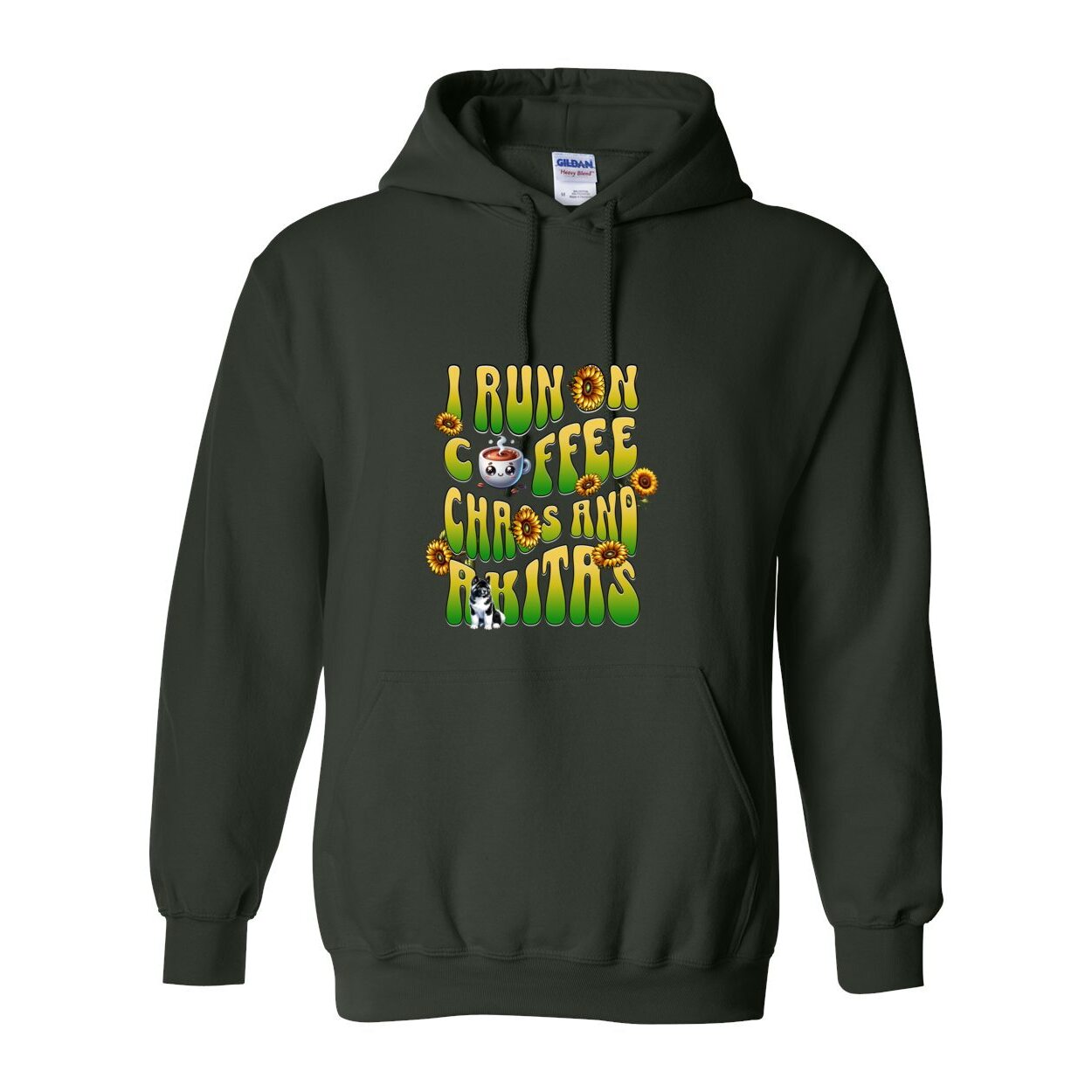 forest green hooded sweatshirt with text 'I RUN ON COFFEE CHAOS AND Akitas' featuring colorful graphics.