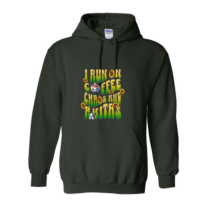 forest green hooded sweatshirt with text 'I RUN ON COFFEE CHAOS AND Akitas' featuring colorful graphics.