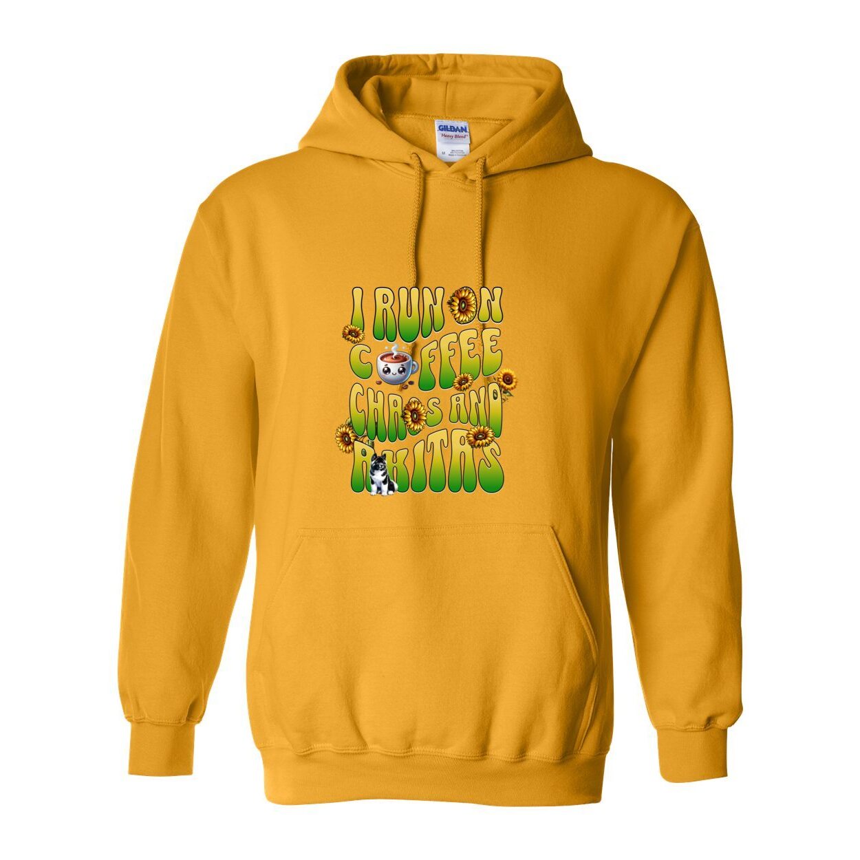 Yellow hooded sweatshirt with text 'I RUN ON COFFEE CHAOS AND Akitas' featuring colorful graphics.
