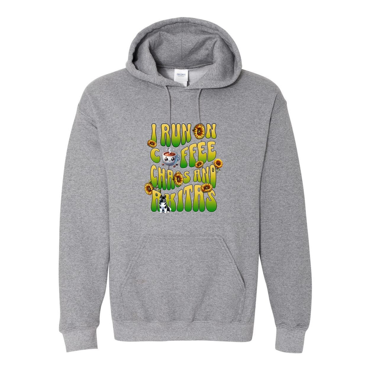 Gray hooded sweatshirt with text 'I RUN ON COFFEE CHAOS AND Akitas' featuring colorful graphics.