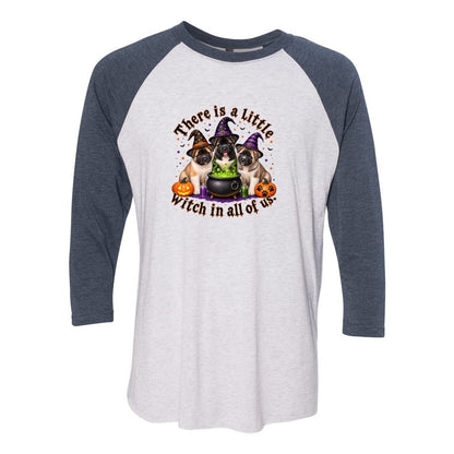 Little Witch in All of US Unisex Tri-Blend Three-Quarter Sleeve Baseball Raglan Tee