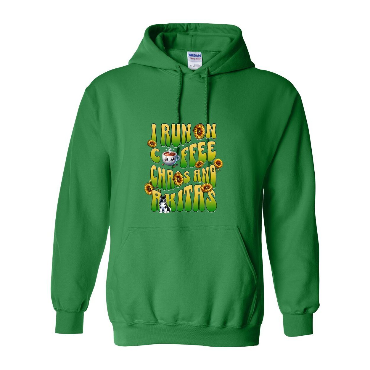 Green hooded sweatshirt with text 'I RUN ON COFFEE CHAOS AND Akitas' featuring colorful graphics.