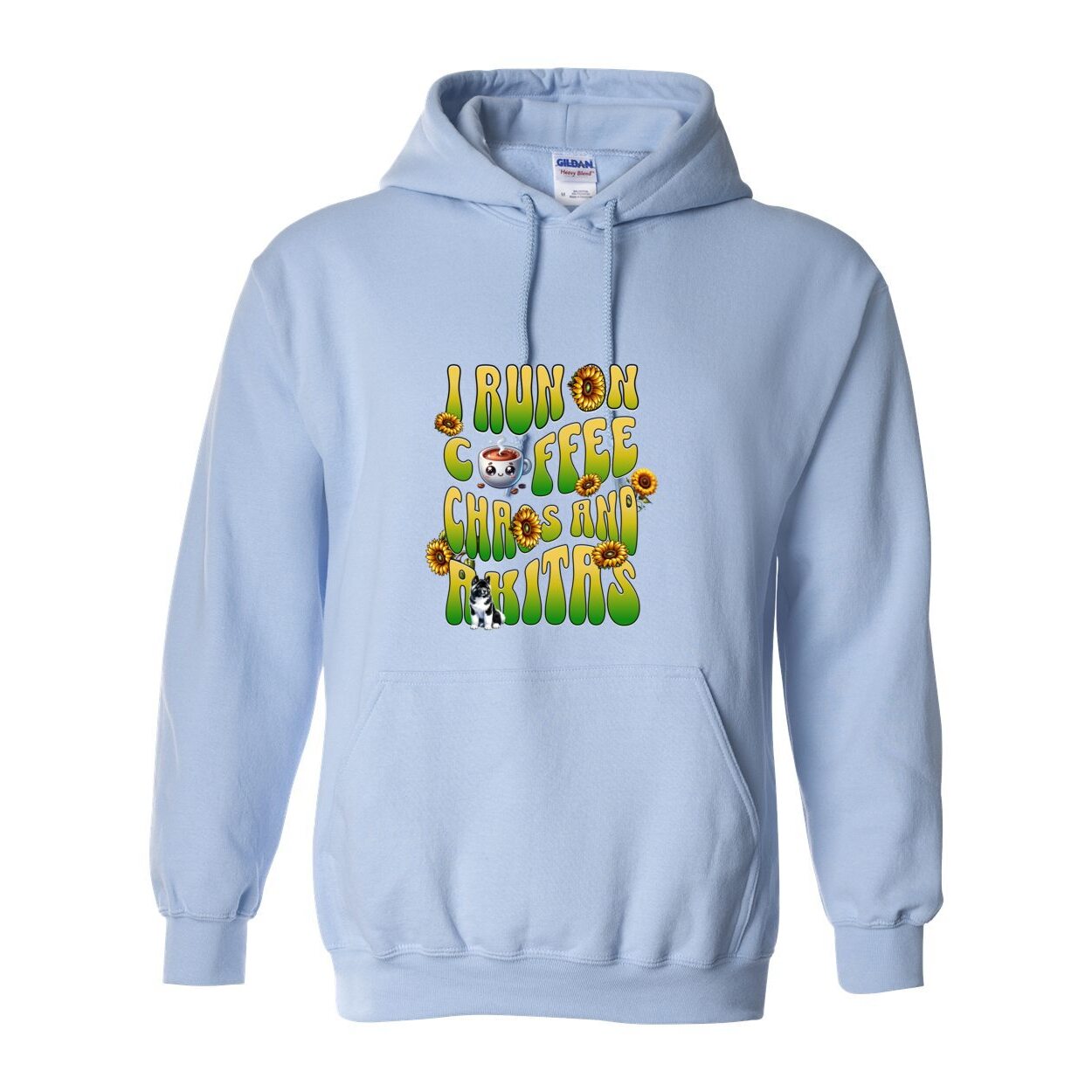 Light blue hooded sweatshirt with text 'I RUN ON COFFEE CHAOS AND Akitas' featuring colorful graphics.