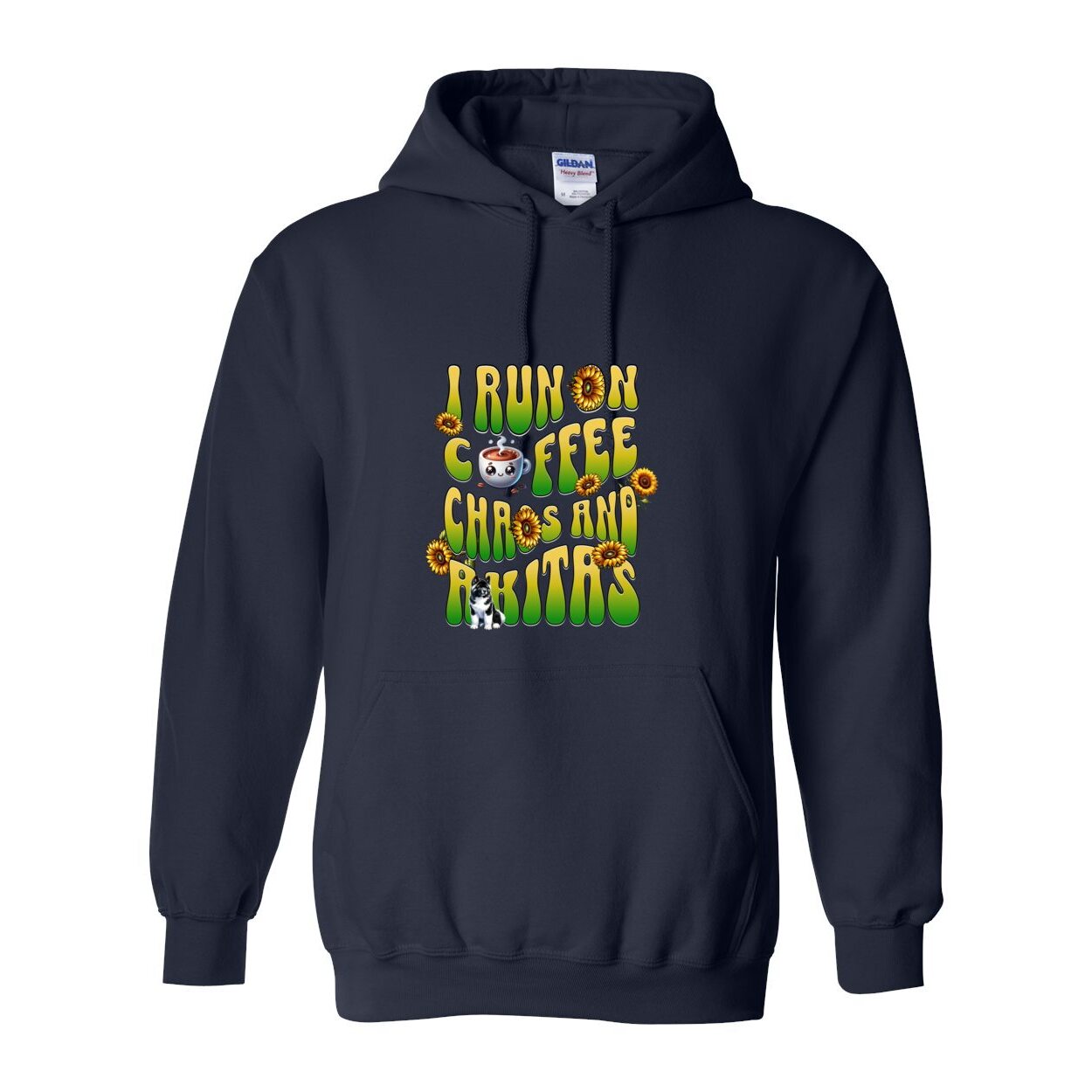 Navy hooded sweatshirt with text 'I RUN ON COFFEE CHAOS AND Akitas' featuring colorful graphics.