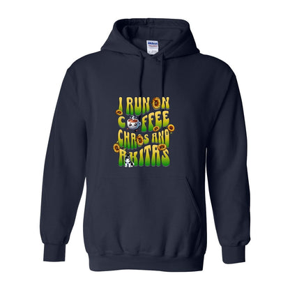 Navy hooded sweatshirt with text 'I RUN ON COFFEE CHAOS AND Akitas' featuring colorful graphics.