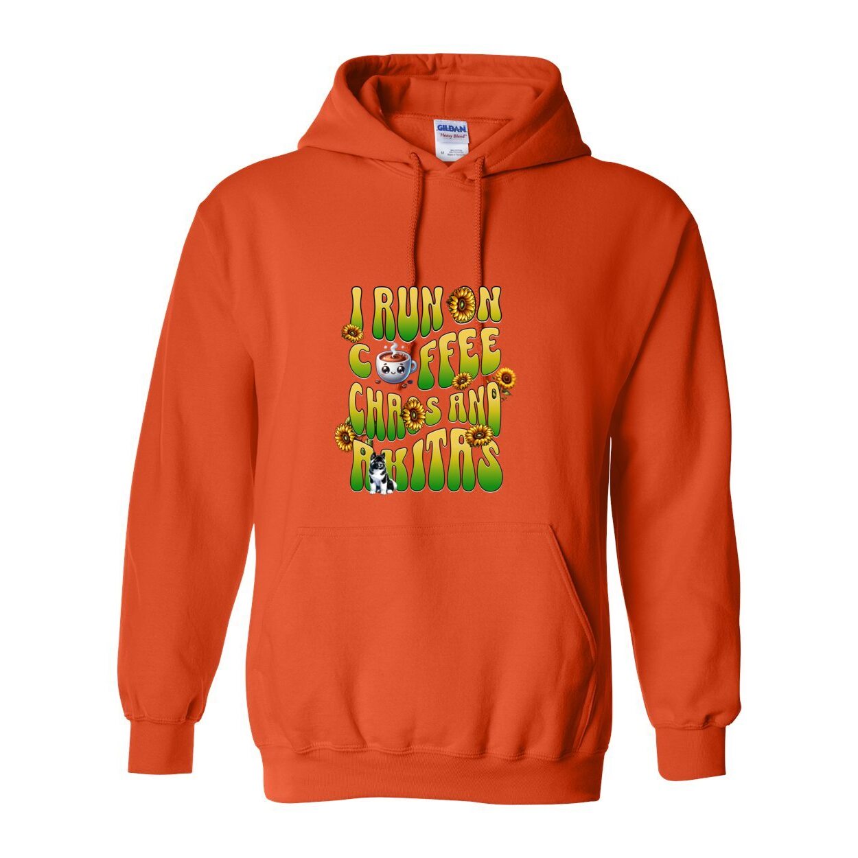 Orange hooded sweatshirt with text 'I RUN ON COFFEE CHAOS AND Akitas' featuring colorful graphics.