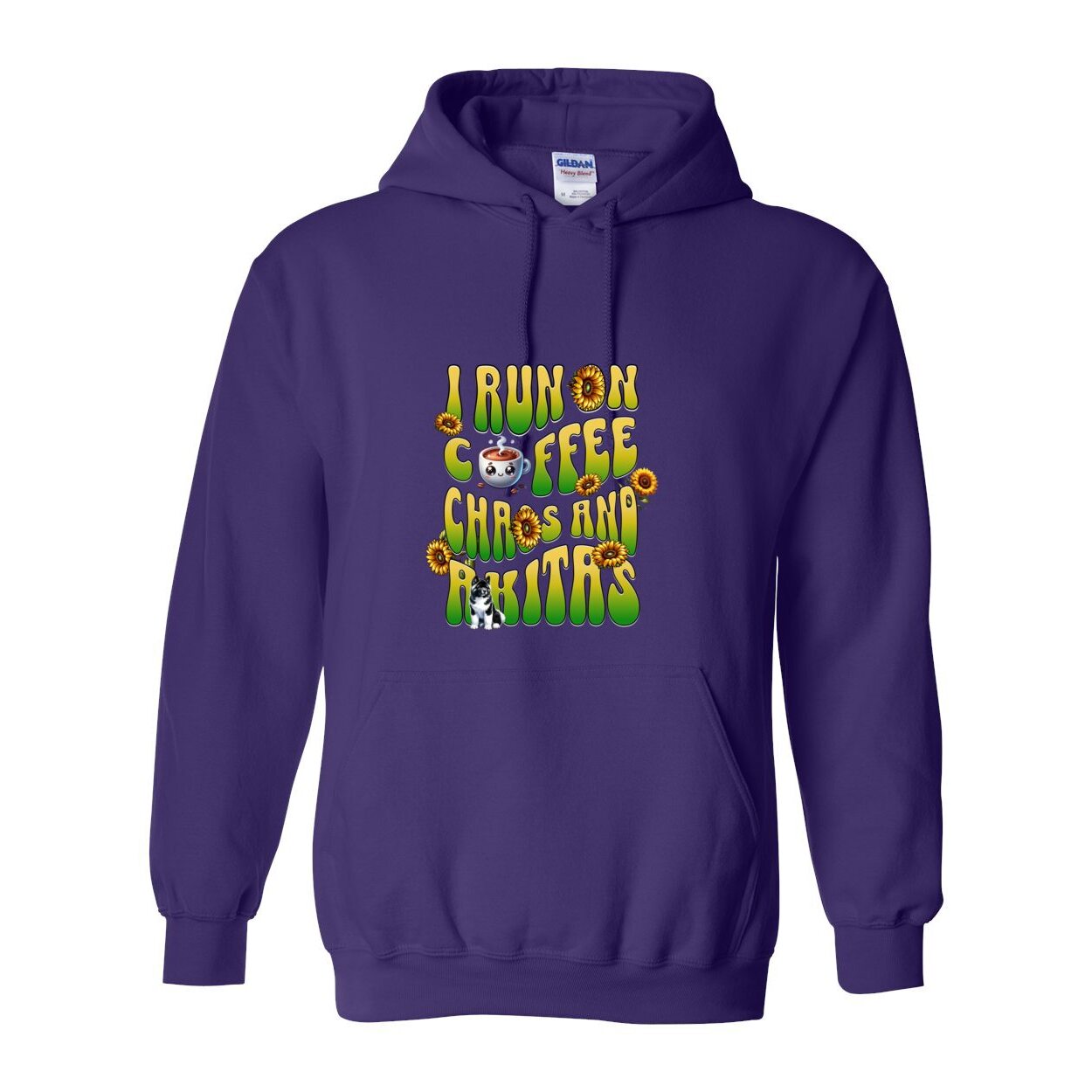 Purple hooded sweatshirt with text 'I RUN ON COFFEE CHAOS AND Akitas' featuring colorful graphics.