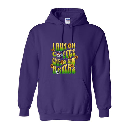 Purple hooded sweatshirt with text 'I RUN ON COFFEE CHAOS AND Akitas' featuring colorful graphics.