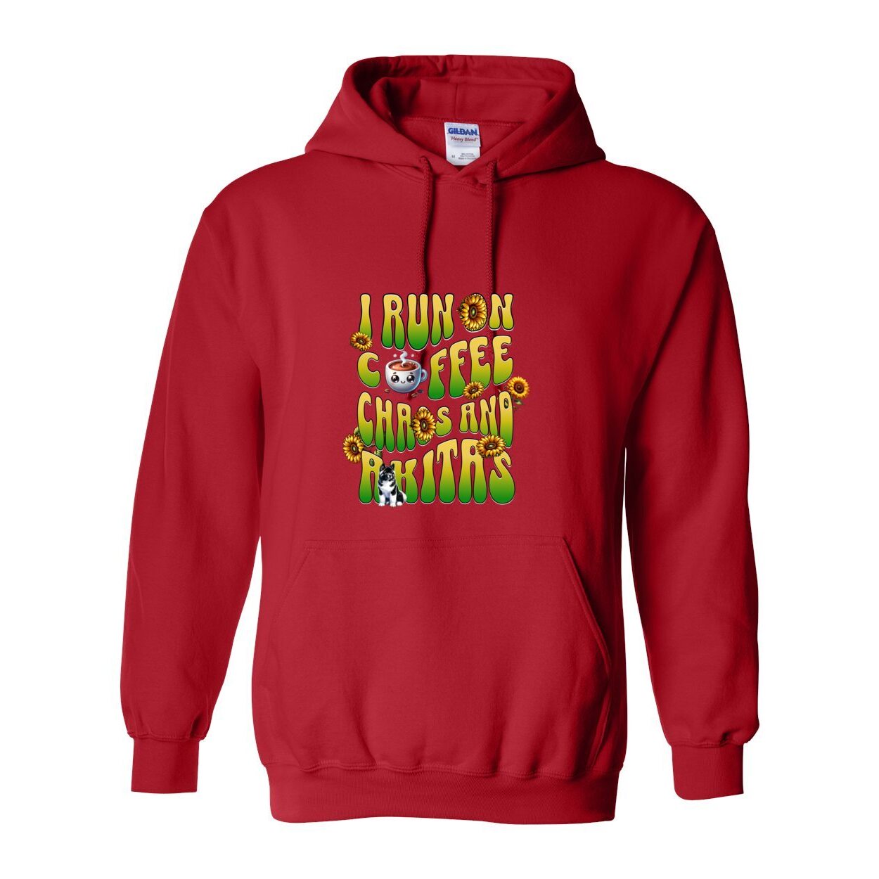 Red hooded sweatshirt with text 'I RUN ON COFFEE CHAOS AND Akitas' featuring colorful graphics.