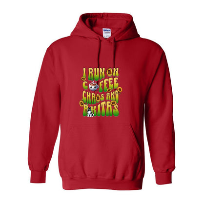 Red hooded sweatshirt with text 'I RUN ON COFFEE CHAOS AND Akitas' featuring colorful graphics.