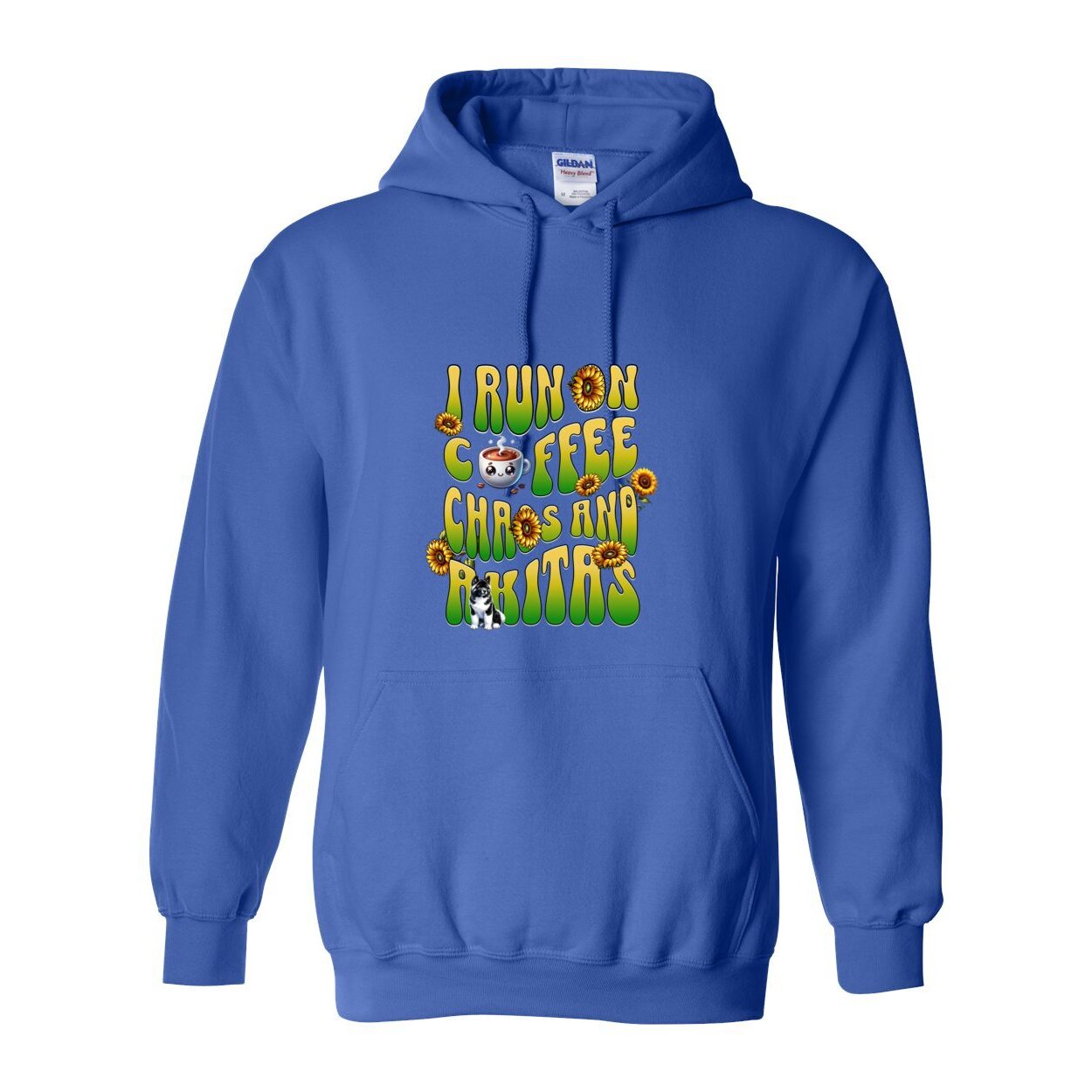 Blue hooded sweatshirt with text 'I RUN ON COFFEE CHAOS AND Akitas' featuring colorful graphics.