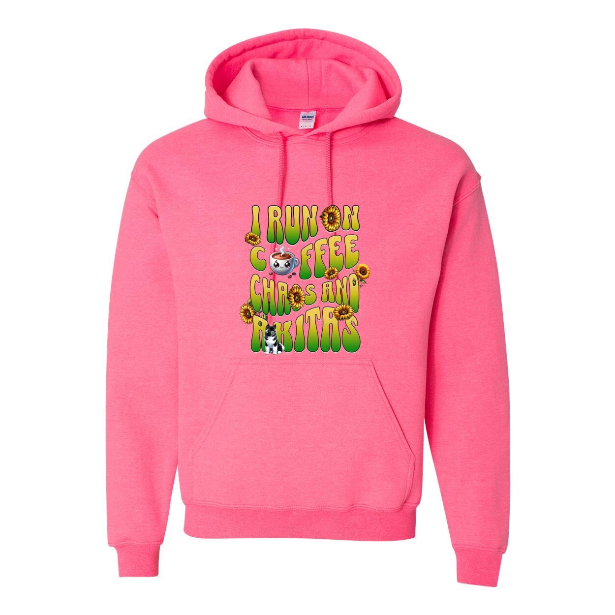 Pink hooded sweatshirt with text 'I RUN ON COFFEE CHAOS AND Akitas' featuring colorful graphics.