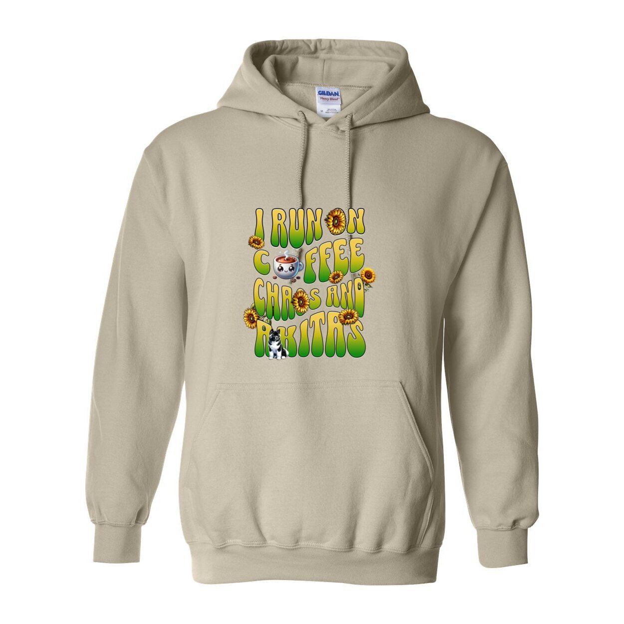 Sand hooded sweatshirt with text 'I RUN ON COFFEE CHAOS AND Akitas' featuring colorful graphics.