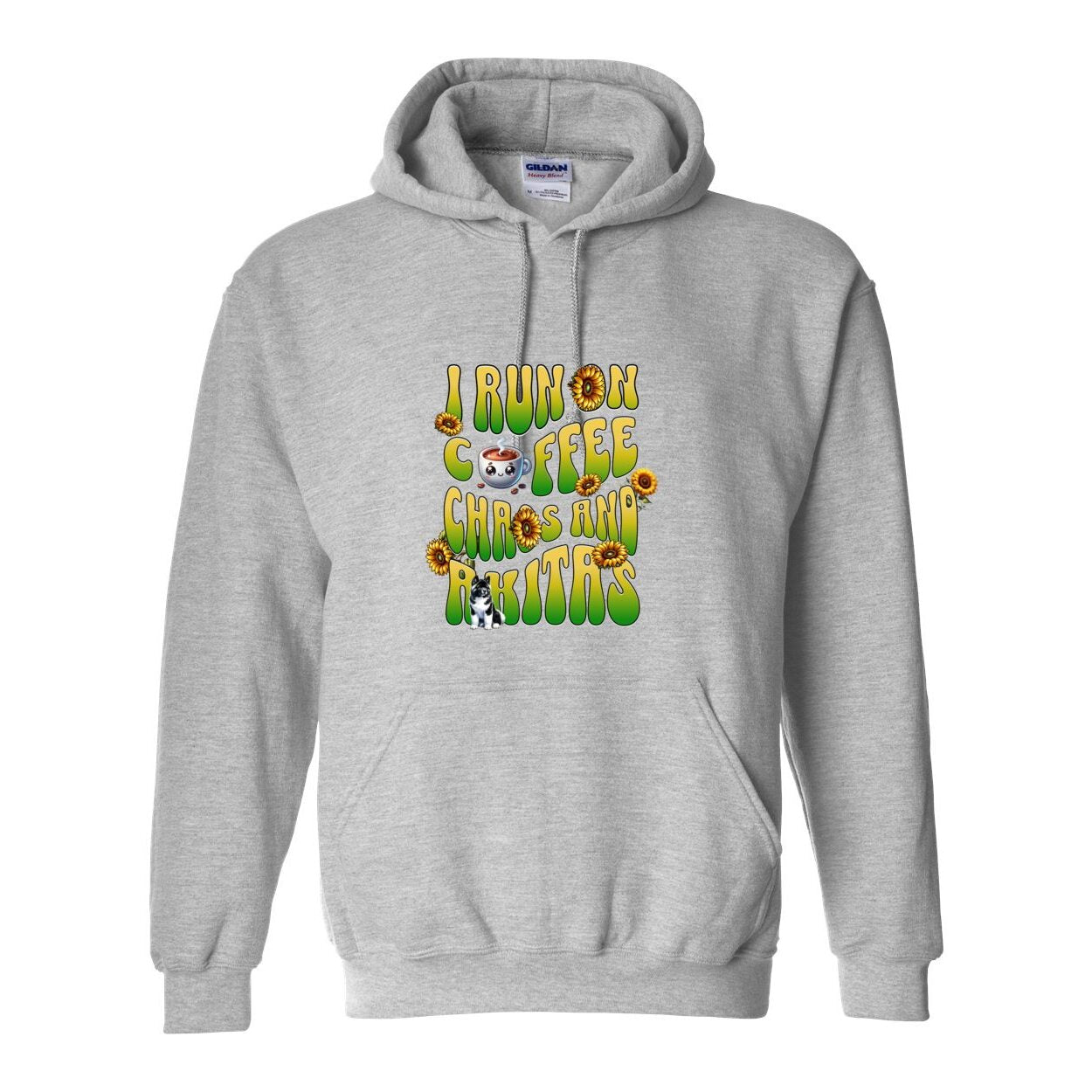 Ash hooded sweatshirt with text 'I RUN ON COFFEE CHAOS AND Akitas' featuring colorful graphics.
