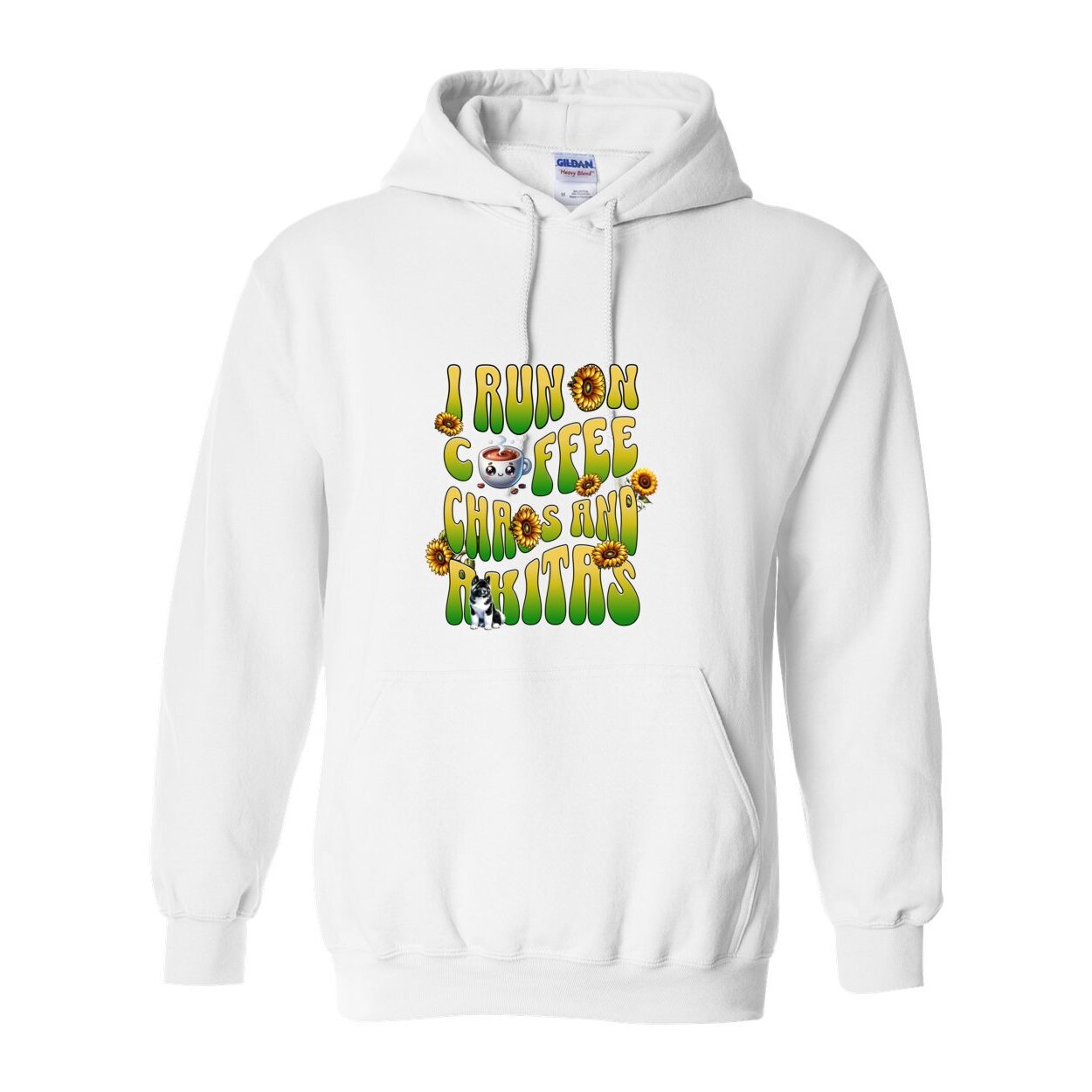 White hooded sweatshirt with text 'I RUN ON COFFEE CHAOS AND Akitas' featuring colorful graphics.