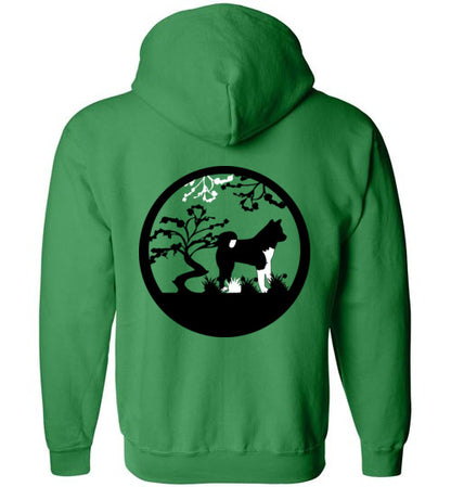 Akita Gate Front Tree Back Gildan Zip Hoodie