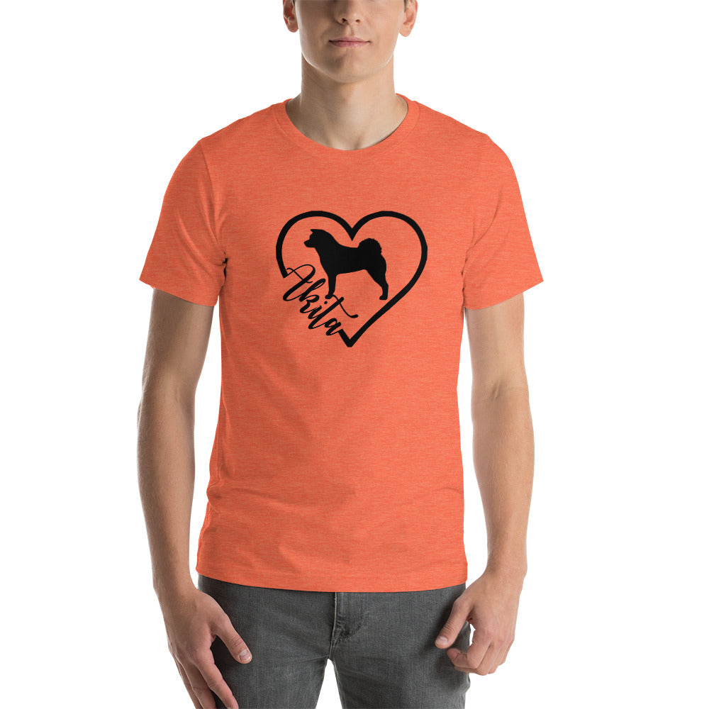 Heart Akita Cursive Font Short-Sleeve Unisex T-Shirt